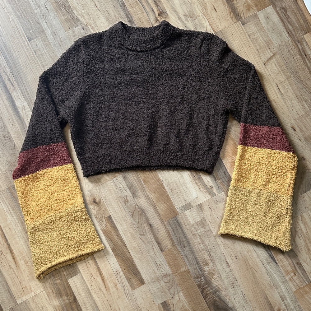 Cozy Colorblock Turtleneck Sweater - Brown, Red, Yellow